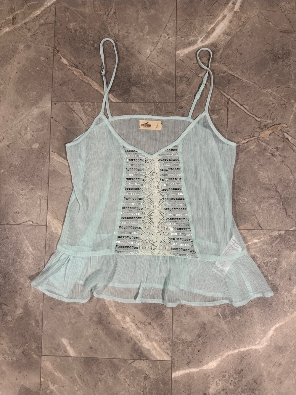 Hollister Pale Blue Lace & Sequin Ruffle Cami